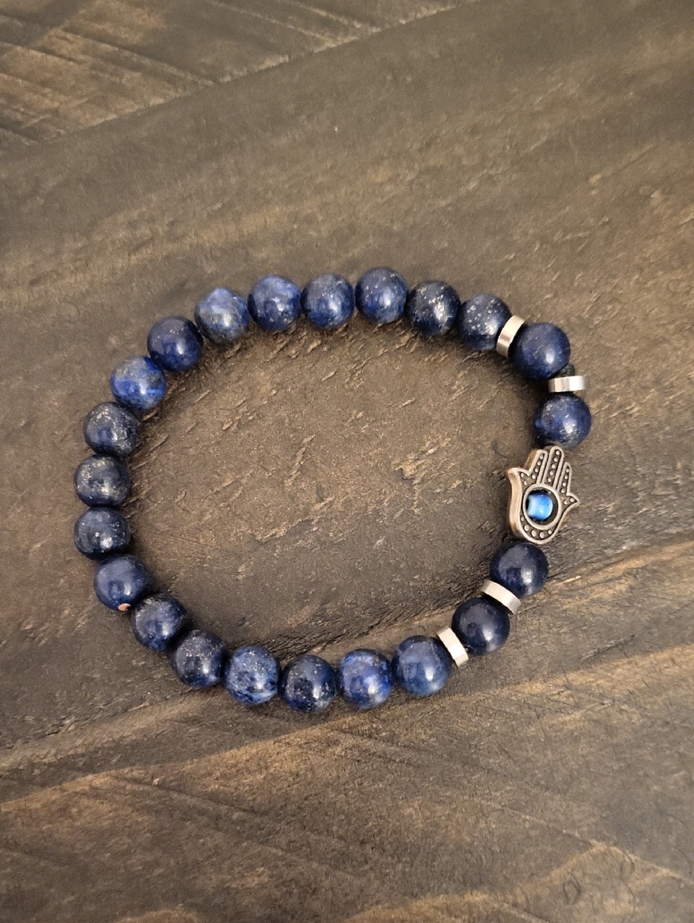 Lapis Lazuli Gemstone Blue Beaded Bracelet with Hamsa Charm